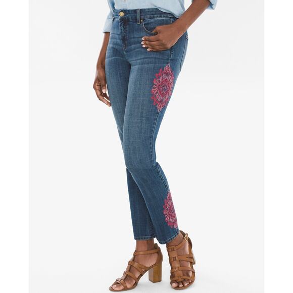 Chicos So Slimming Jeans XS Medallion Embroidered Girlfriend Ankle Pink Red 00R - Picture 1 of 12